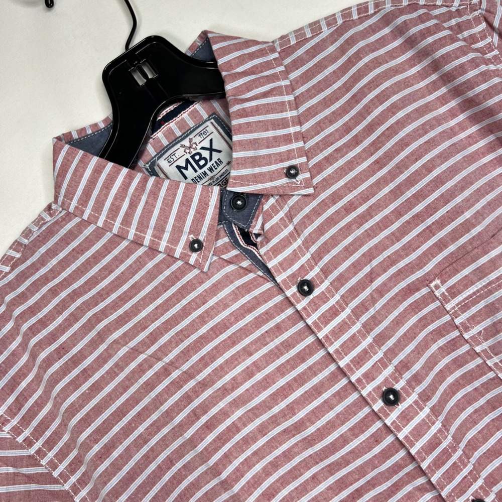 MBX‎ Red White Stripe Button Up Shirt Mens L Slim Fit Short Sleeve Nautical Boat
